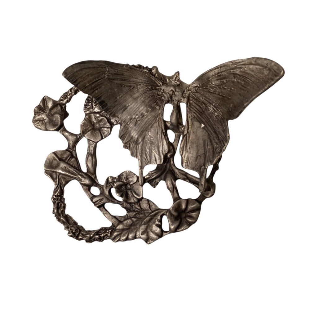 Vintage Pewter Butterfly Floral Candle‎ Topper Trinket Trivet Paperweight - Picture 2 of 4